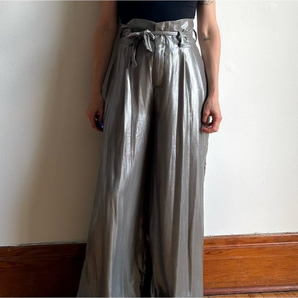 Zara Silver Metallic Green Paper Bag Wide Leg Belted Pants